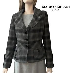 Mario Serrani Italy Plaid Tartan Blazer Jacket Rayon Blend Grey Black Check